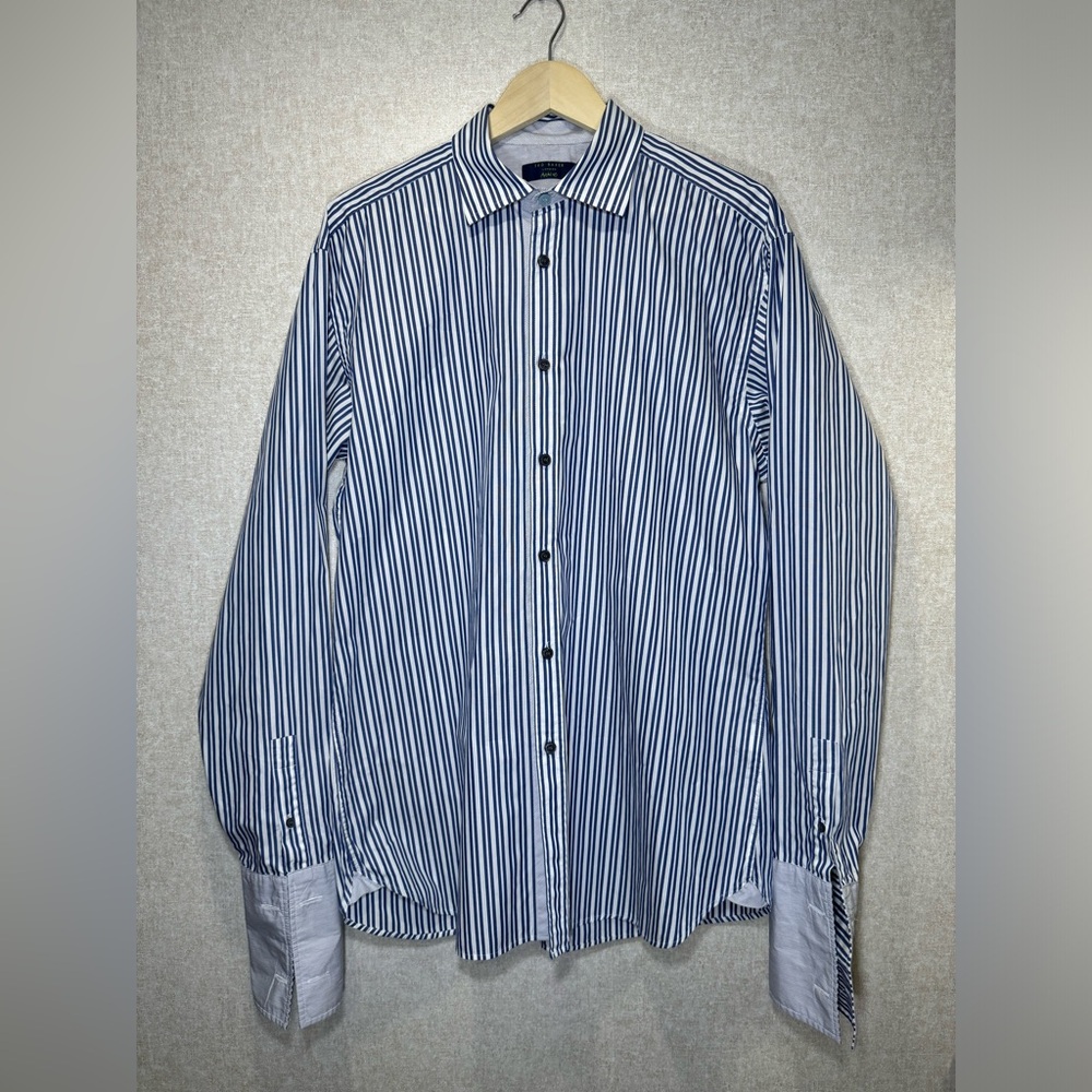 Ted Baker Flip Cuff Navy Blue & White Striped Button Down Shirt Neck Size 16.5”